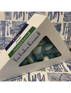 Trekantig godisask med karameller i Jämtlands färger, blått, vitt och grönt 2