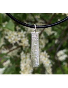 Halsband i silver med en avlång berlock med texten Följ din led instansad