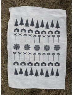 Kökshandduk i ofärgat linnetyg med symboler som gran, ledkryss, lada, snöflinga tryckt i mörkt grått