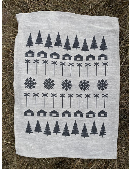 Kökshandduk i ofärgat linnetyg med symboler som gran, ledkryss, lada, snöflinga tryckt i mörkt grått
