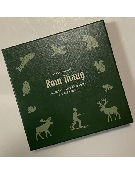Memoryspel med motiv av djur och natur med namnen skrivna på jamska respektive svenska